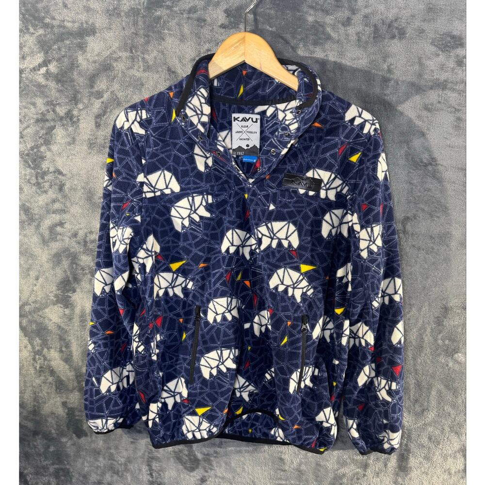 KAVU Cavanaugh Fleece Pullover M Medium Polar Bear Geometric Stained Glass Blue - Picture 3 of 8